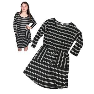 Moa Moa SWEATER DRESS Womens SM Black White Striped Knit Pockets Tie Waist Belt